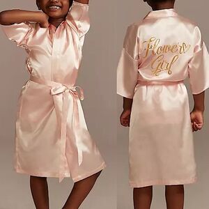 David’s Bridal blush pink gold writing flower girl silky satin Robe EUC M 10-12